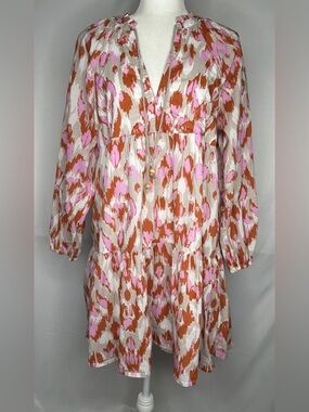 Jessica Simpson Bohemian Tiered‎ Mini Dress Pink Tan Cream Babydoll Sz L